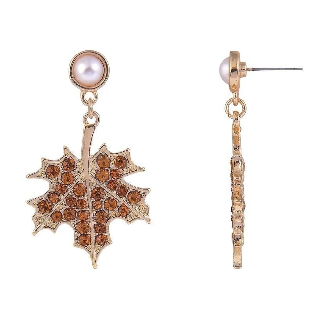 Fall Maple Leaf Drop Earrings Pearl Amber Crystal Gold Tone Pave Post Stud